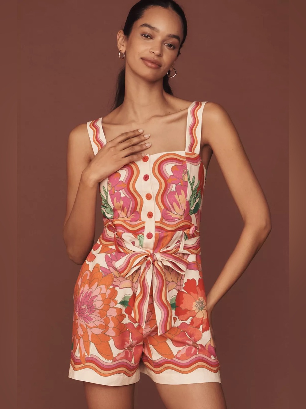 Farm Rio Spring Affair Linen-Blend Sleeveless Square-Neck Romper